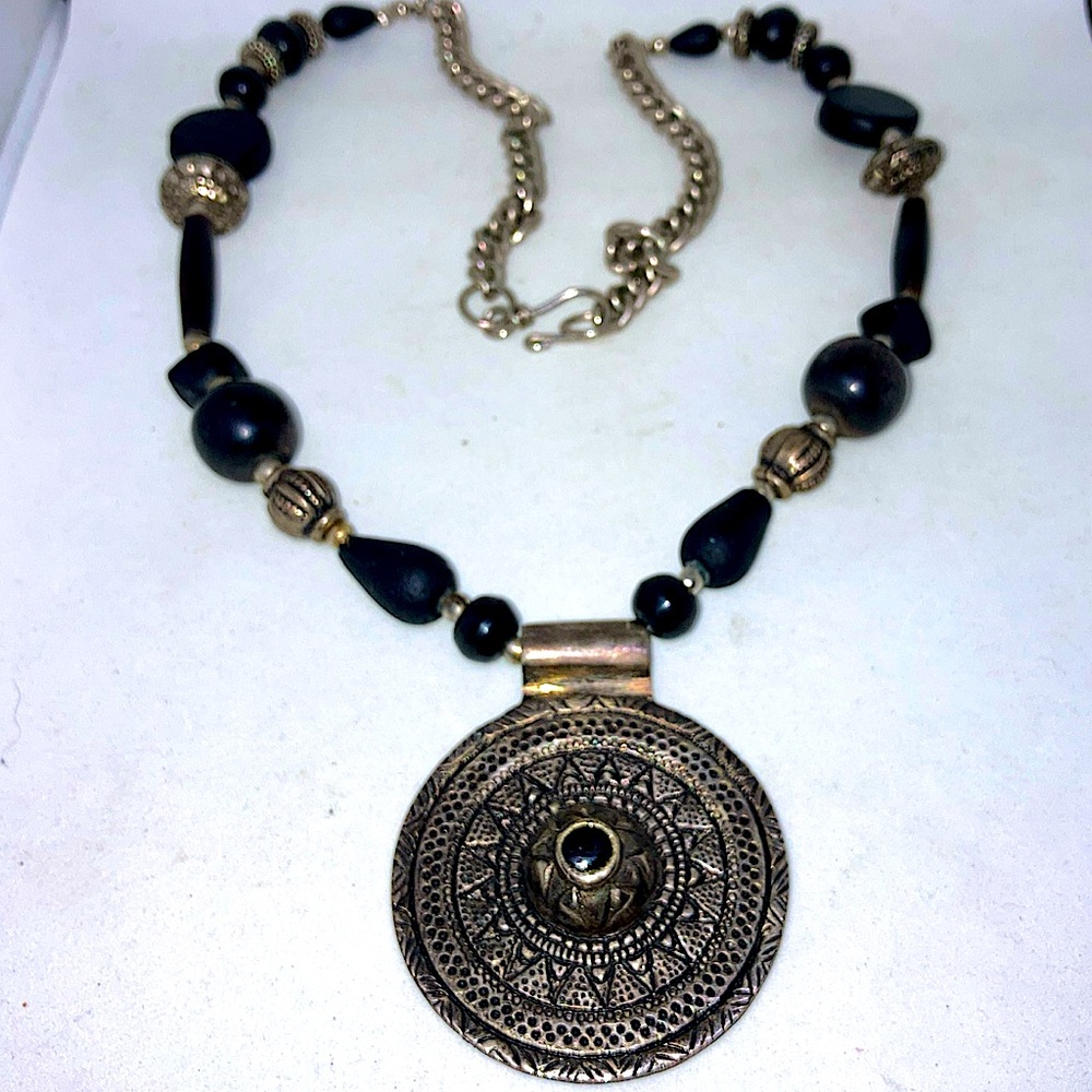 Vintage Pewter studio metal medallion
Round pendant 2" Necklace 25" statement